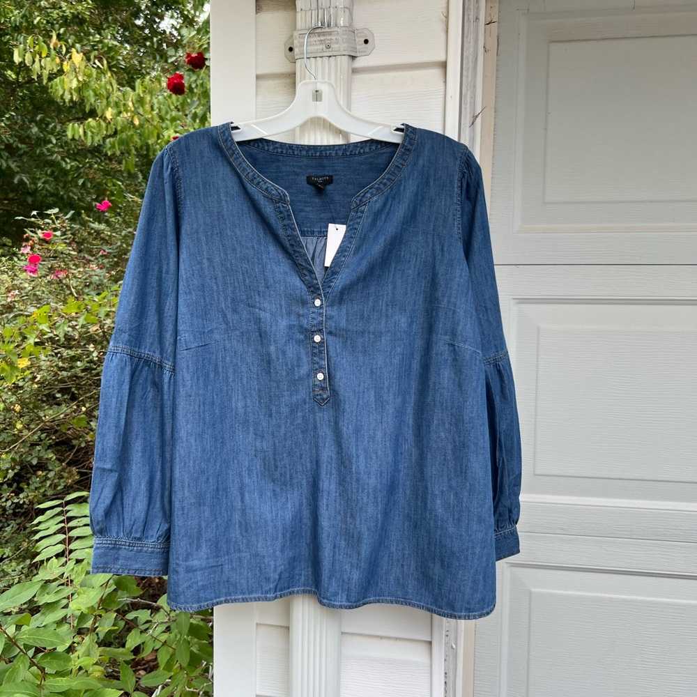 NWT Talbots Pretty Blue Denim Fun Long Sleeve Blouse